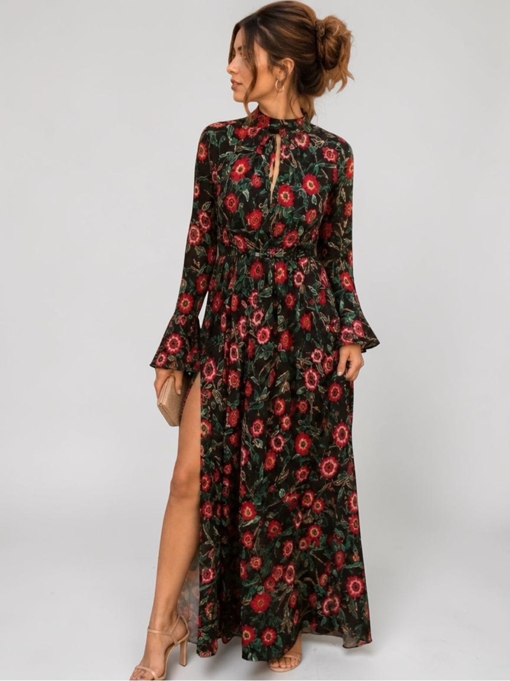 Misa LA Kora Long Sleeve Black Maxi Dress Red/Pink Floral NWT Event/Old Money